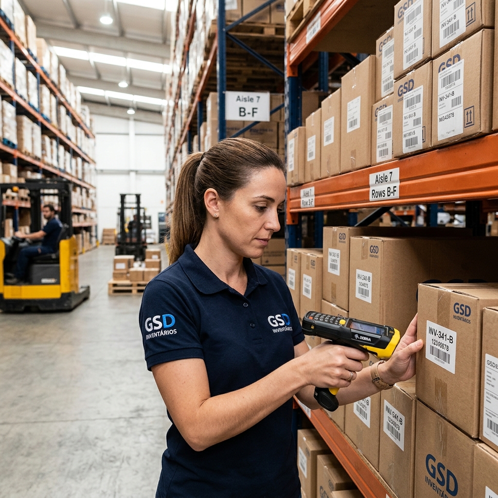 GSD Inventário - Profissional realizando inventário em depósito